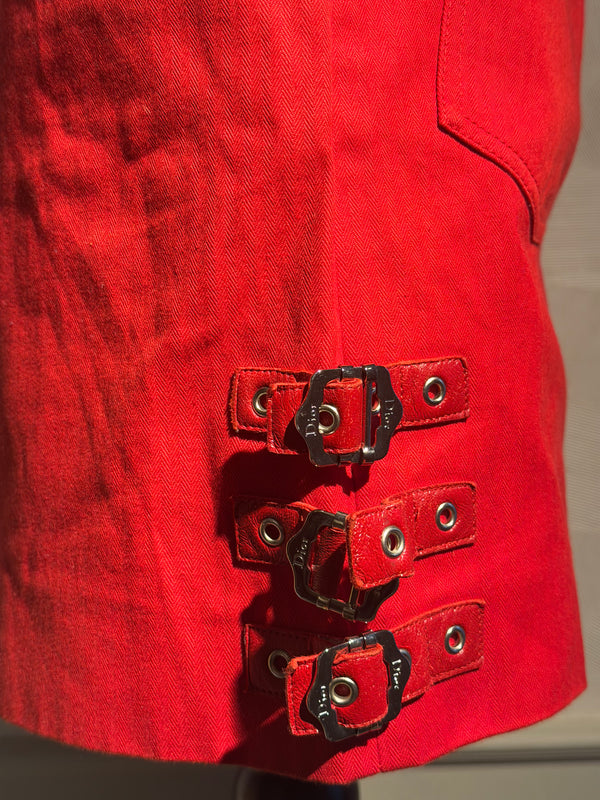 Christian Dior John Galliano F/W2003 Sexy Mini Skirt Bright Red Bondage Grommet Buckle Iconic Vintage FR34