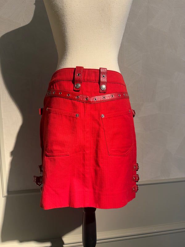 Christian Dior John Galliano F/W2003 Sexy Mini Skirt Bright Red Bondage Grommet Buckle Iconic Vintage FR34