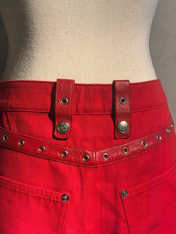Christian Dior John Galliano F/W2003 Sexy Mini Skirt Bright Red Bondage Grommet Buckle Iconic Vintage FR34