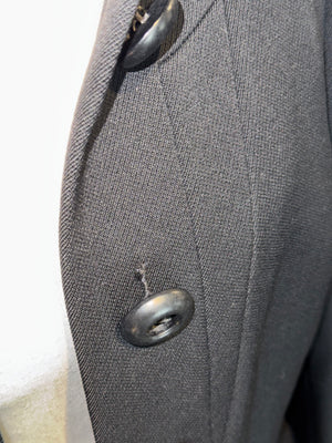 Prada Black Belted Longline Jacket Coat Round Neck Button Front Tailored Wool Blend Knee Length Designer Outerwear Size IT 42