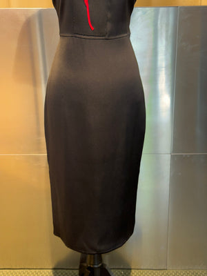 Prada Vintage Black Satin Midi Dress White 3D Flower Appliqué Red Embroidery Short Sleeve Fitted Sheath Pencil Cocktail Dress Size IT 38