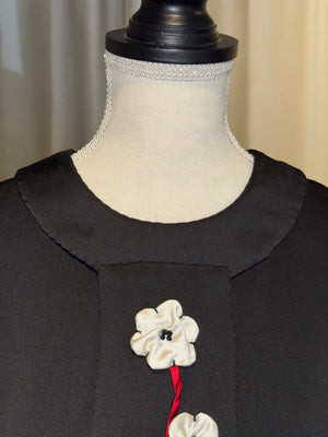Prada Vintage Black Satin Midi Dress White 3D Flower Appliqué Red Embroidery Short Sleeve Fitted Sheath Pencil Cocktail Dress Size IT 38