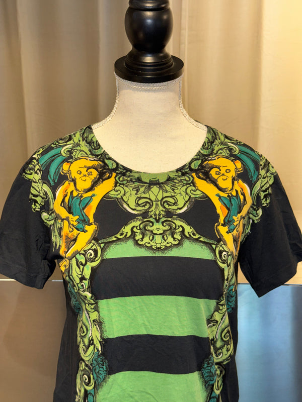 Prada Spring Summer 2011 Minimal Baroque Monkey Cherub Print Green Black Striped Cotton Short Sleeve T Shirt Top Runway Collection Size XS