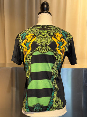 Prada Spring Summer 2011 Minimal Baroque Monkey Cherub Print Green Black Striped Cotton Short Sleeve T Shirt Top Runway Collection Size XS