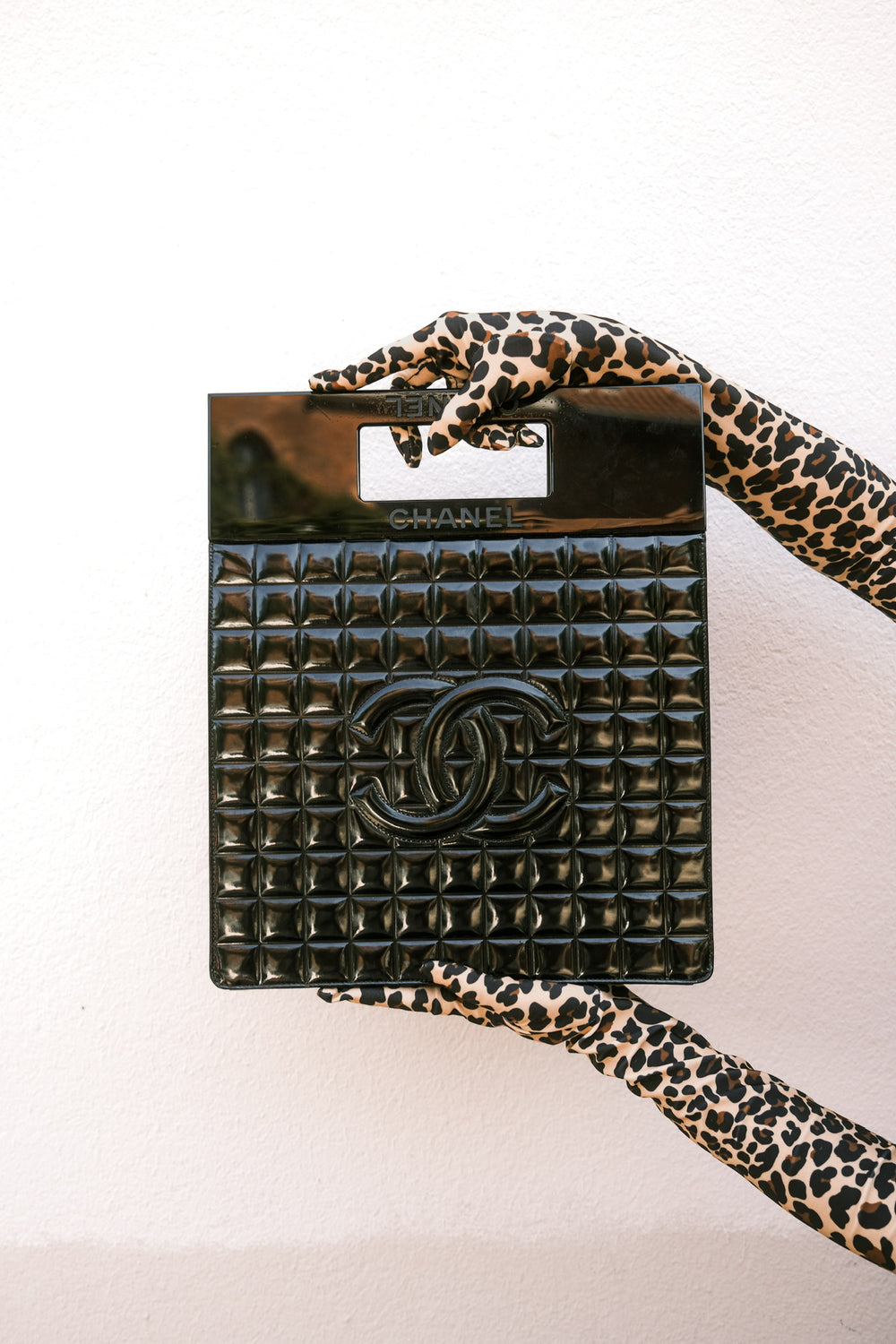 Chanel Black Chocolate Bar Quilted Patent Perspex Handle Clutch 2002/2003 Karl Lagerfeld CC Coco Mark Square Purse Black Monochrome
