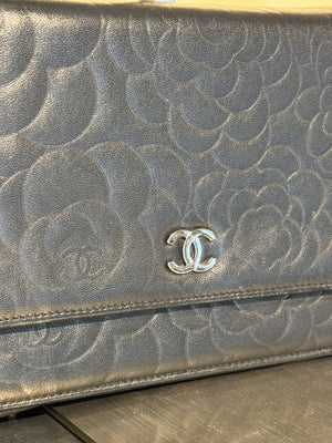 Chanel Camellia Wallet on Chain WOC Metallic Black Embossed Leather Silver Hardware CC Logo Chain Shoulder Crossbody Clutch Bag