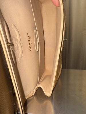 Chanel Classic Medium Double Flap Bag 2012 2013 Beige Caviar Leather Gold Hardware Quilted CC Turnlock Chain Shoulder Bag 17 Series