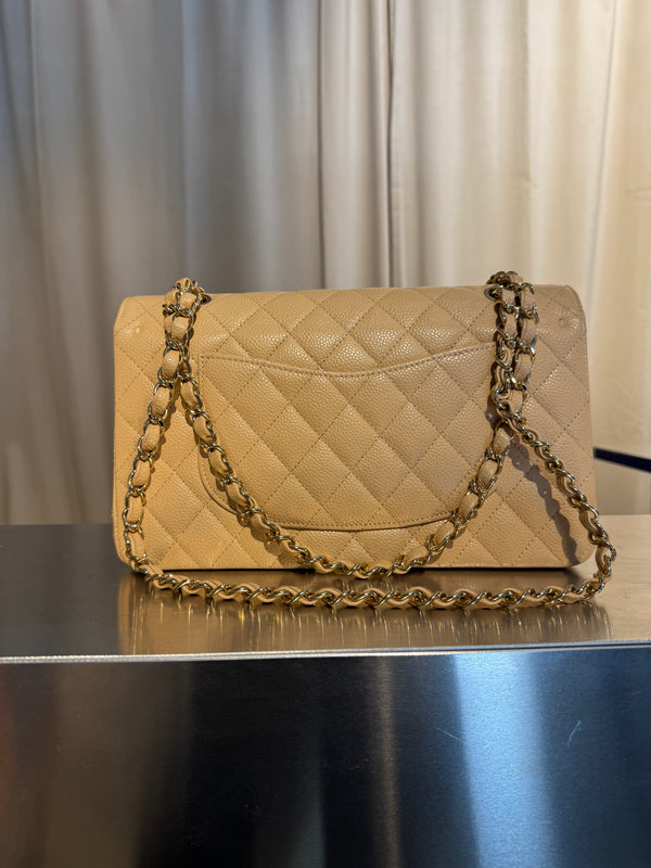 Chanel Classic Medium Double Flap Bag 2012 2013 Beige Caviar Leather Gold Hardware Quilted CC Turnlock Chain Shoulder Bag 17 Series
