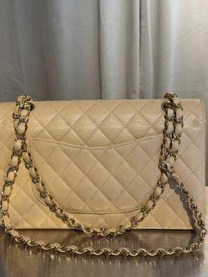 Chanel Classic Medium Double Flap Bag 2012 2013 Beige Caviar Leather Gold Hardware Quilted CC Turnlock Chain Shoulder Bag 17 Series