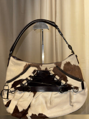 Christian Dior by John Galliano Spring Summer 2005 Runway Corset Ballet Pony Calfskin Cowhide Shoulder Bag Brown White Leather Lace Dior Charm Rare Archive