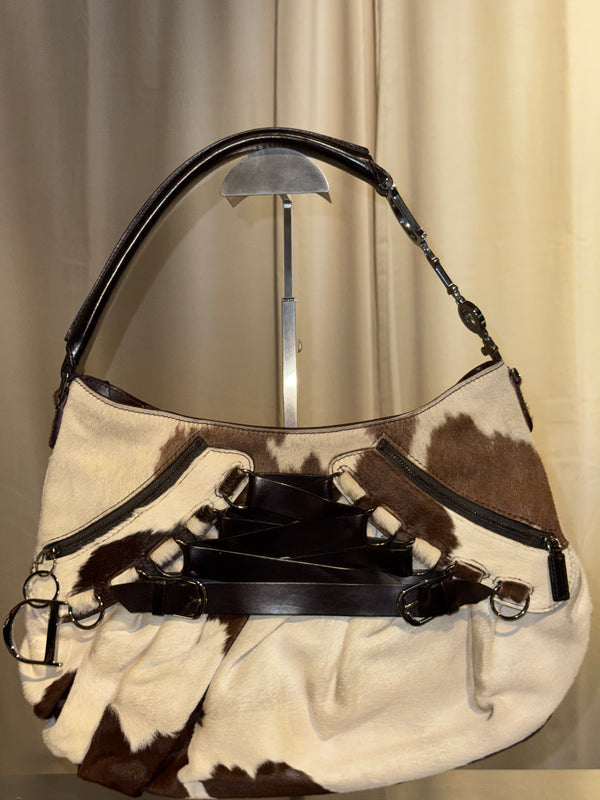 Christian Dior by John Galliano Spring Summer 2005 Runway Corset Ballet Pony Calfskin Cowhide Shoulder Bag Brown White Leather Lace Dior Charm Rare Archive
