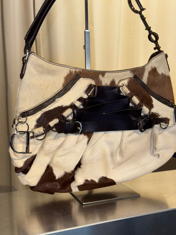 Christian Dior by John Galliano Spring Summer 2005 Runway Corset Ballet Pony Calfskin Cowhide Shoulder Bag Brown White Leather Lace Dior Charm Rare Archive