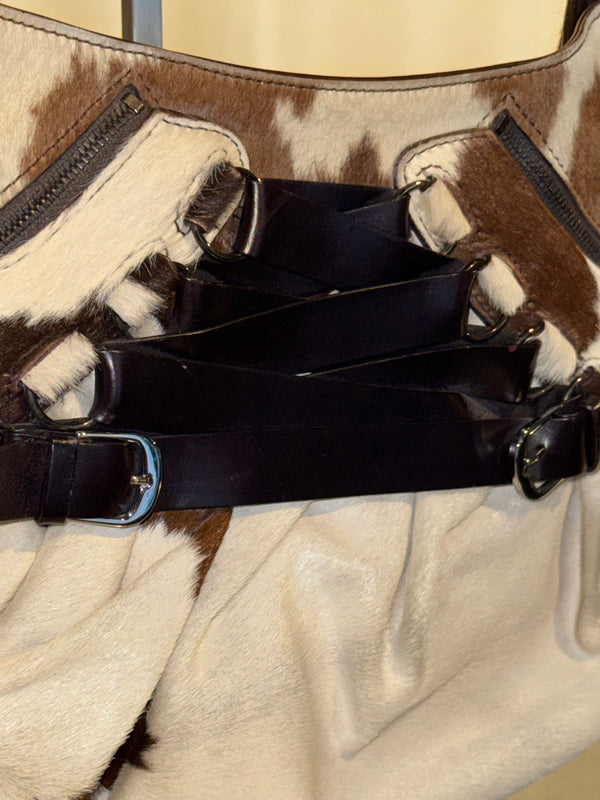 Christian Dior by John Galliano Spring Summer 2005 Runway Corset Ballet Pony Calfskin Cowhide Shoulder Bag Brown White Leather Lace Dior Charm Rare Archive