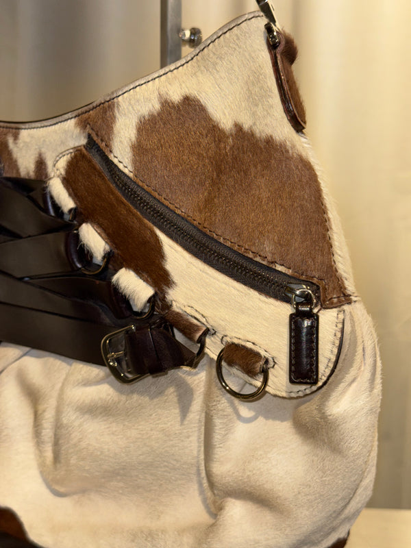 Christian Dior by John Galliano Spring Summer 2005 Runway Corset Ballet Pony Calfskin Cowhide Shoulder Bag Brown White Leather Lace Dior Charm Rare Archive