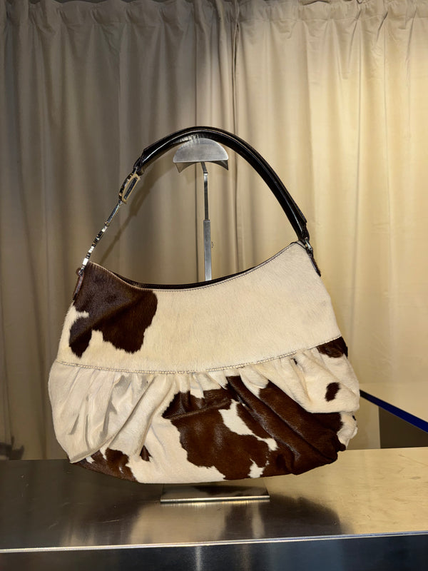Christian Dior by John Galliano Spring Summer 2005 Runway Corset Ballet Pony Calfskin Cowhide Shoulder Bag Brown White Leather Lace Dior Charm Rare Archive