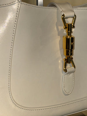 Gucci Jackie 1961 Medium White Leather Hobo Shoulder Bag Gold Piston Clasp Adjustable Strap Ivory Designer Handbag