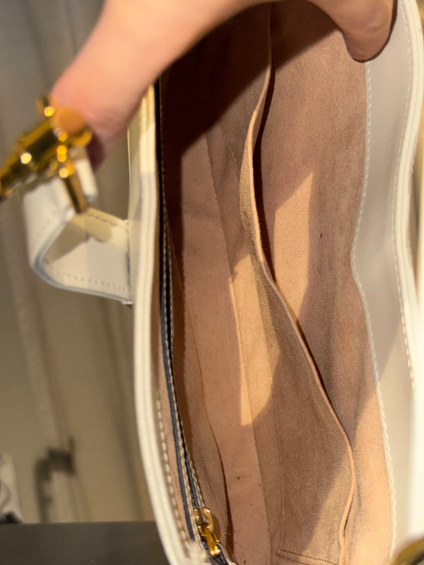 Gucci Jackie 1961 Medium White Leather Hobo Shoulder Bag Gold Piston Clasp Adjustable Strap Ivory Designer Handbag
