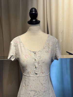 Chanel Cruise 1998 Ivory Camellia Floral Script Print Stretch Jersey Midi Dress CC Logo Buttons Karl Lagerfeld Vintage Archive Size FR 42