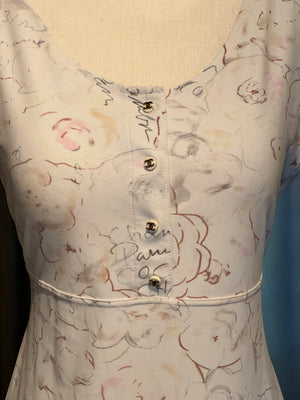 Chanel Cruise 1998 Ivory Camellia Floral Script Print Stretch Jersey Midi Dress CC Logo Buttons Karl Lagerfeld Vintage Archive Size FR 42