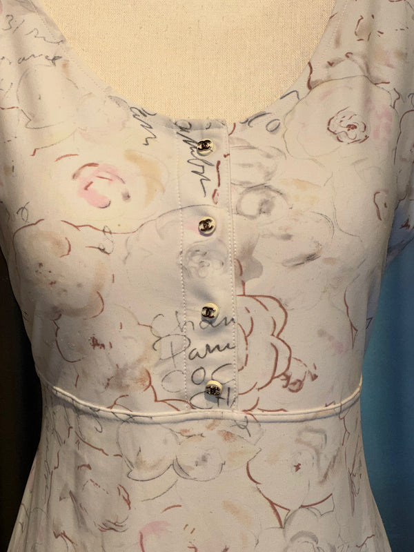 Chanel Cruise 1998 Ivory Camellia Floral Script Print Stretch Jersey Midi Dress CC Logo Buttons Karl Lagerfeld Vintage Archive Size FR 42