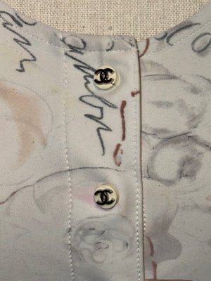 Chanel Cruise 1998 Ivory Camellia Floral Script Print Stretch Jersey Midi Dress CC Logo Buttons Karl Lagerfeld Vintage Archive Size FR 42