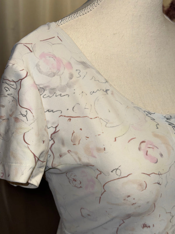 Chanel Cruise 1998 Ivory Camellia Floral Script Print Stretch Jersey Midi Dress CC Logo Buttons Karl Lagerfeld Vintage Archive Size FR 42
