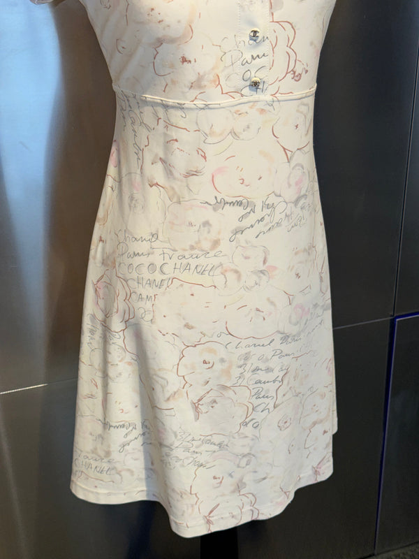 Chanel Cruise 1998 Ivory Camellia Floral Script Print Stretch Jersey Midi Dress CC Logo Buttons Karl Lagerfeld Vintage Archive Size FR 42