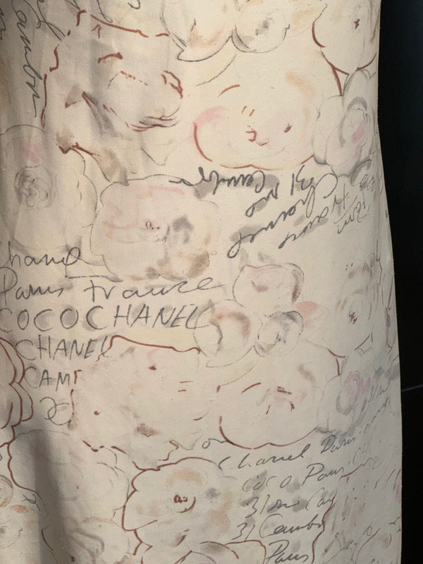 Chanel Cruise 1998 Ivory Camellia Floral Script Print Stretch Jersey Midi Dress CC Logo Buttons Karl Lagerfeld Vintage Archive Size FR 42