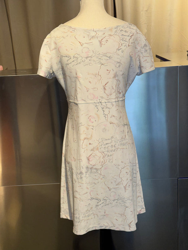 Chanel Cruise 1998 Ivory Camellia Floral Script Print Stretch Jersey Midi Dress CC Logo Buttons Karl Lagerfeld Vintage Archive Size FR 42