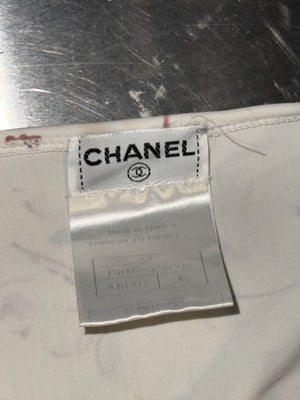 Chanel Cruise 1998 Ivory Camellia Floral Script Print Stretch Jersey Midi Dress CC Logo Buttons Karl Lagerfeld Vintage Archive Size FR 42