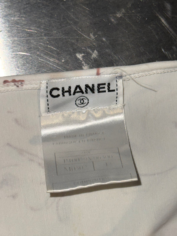 Chanel Cruise 1998 Ivory Camellia Floral Script Print Stretch Jersey Midi Dress CC Logo Buttons Karl Lagerfeld Vintage Archive Size FR 42