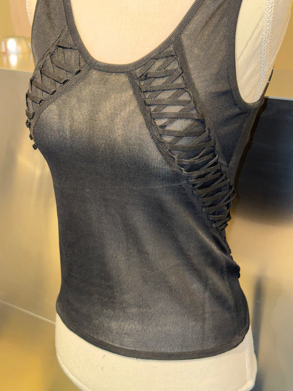 Christian Dior by John Galliano Fall Winter 2003 Hardcore Romance Black Lace Up Cardigan Top Twinset Y2K Archive
