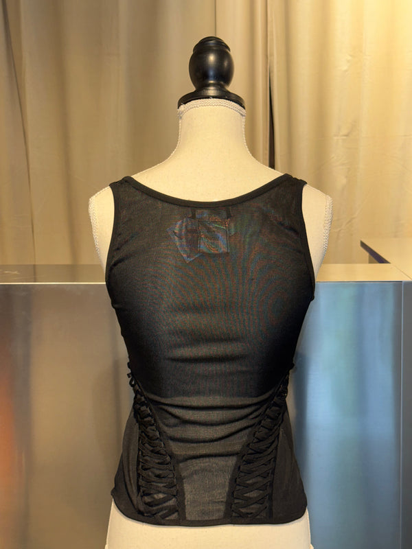 Christian Dior by John Galliano Fall Winter 2003 Hardcore Romance Black Lace Up Cardigan Top Twinset Y2K Archive