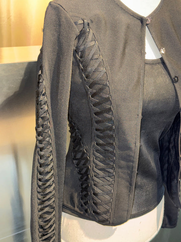 Christian Dior by John Galliano Fall Winter 2003 Hardcore Romance Black Lace Up Cardigan Top Twinset Y2K Archive