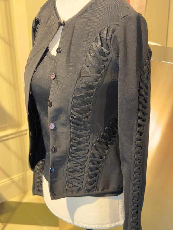 Christian Dior by John Galliano Fall Winter 2003 Hardcore Romance Black Lace Up Cardigan Top Twinset Y2K Archive