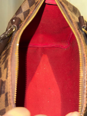 Louis Vuittond Vuitton Speedy 25 Damier Ebene Coated Canvas Brown Leather Top Handle Boston Bag Gold Hardware Red Interior Lock Key Dust Bag