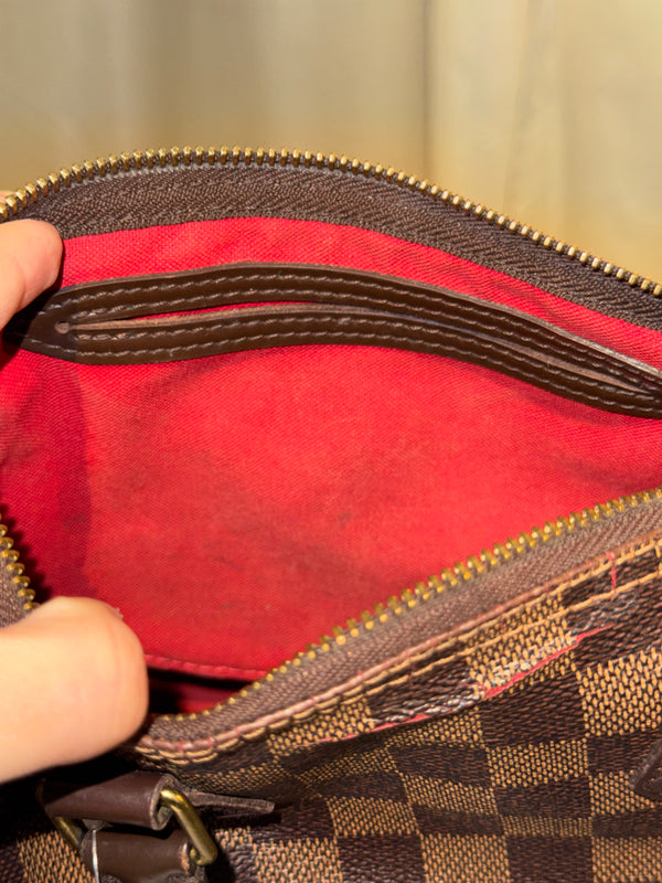 Louis Vuittond Vuitton Speedy 25 Damier Ebene Coated Canvas Brown Leather Top Handle Boston Bag Gold Hardware Red Interior Lock Key Dust Bag