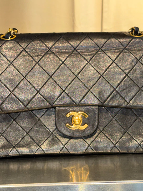 Chanel Vintage Black Quilted Lambskin Classic Medium Double Flap Bag Gold Hardware Chain Shoulder Bag
