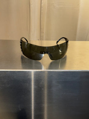 Christian Dior by John Galliano Vintage Dior Bike 4 Black Rimless Shield Sunglasses Silver Studs Y2K Archive