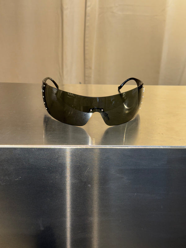 Christian Dior by John Galliano Vintage Dior Bike 4 Black Rimless Shield Sunglasses Silver Studs Y2K Archive
