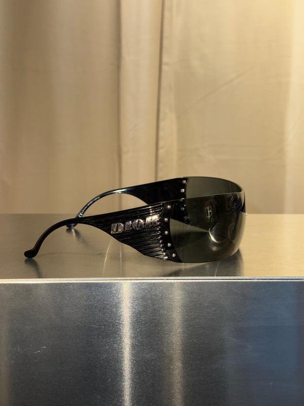 Christian Dior by John Galliano Vintage Dior Bike 4 Black Rimless Shield Sunglasses Silver Studs Y2K Archive