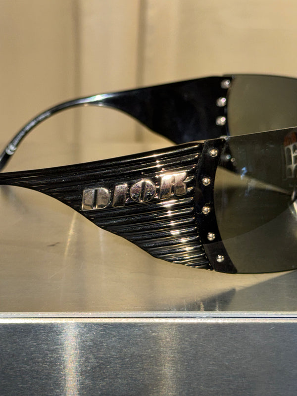 Christian Dior by John Galliano Vintage Dior Bike 4 Black Rimless Shield Sunglasses Silver Studs Y2K Archive