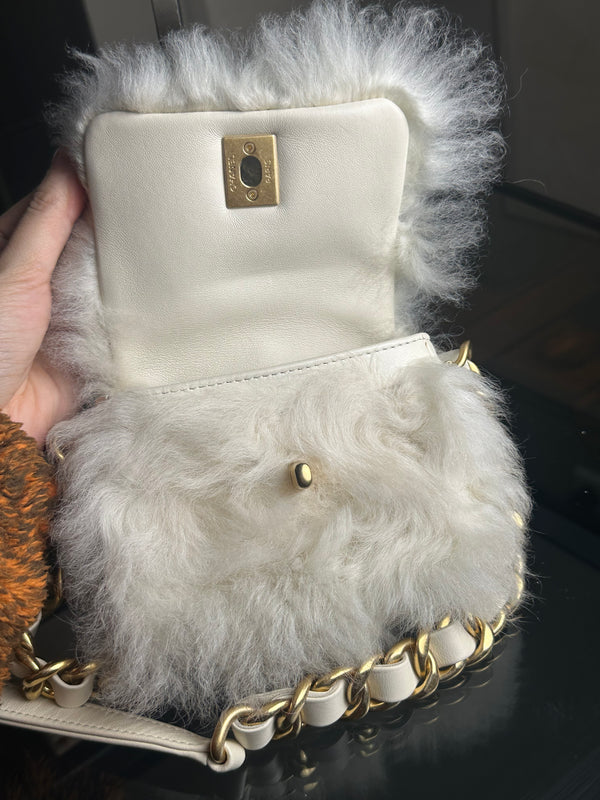 Chanel Eco Fur Mini Chain Flap A/W 2023 Shoulder Bag white ivory cream gold hardware strap CC logo