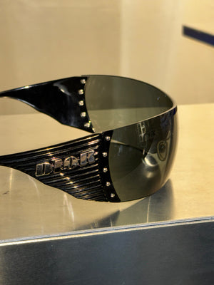 Christian Dior by John Galliano Vintage Dior Bike 4 Black Rimless Shield Sunglasses Silver Studs Y2K Archive