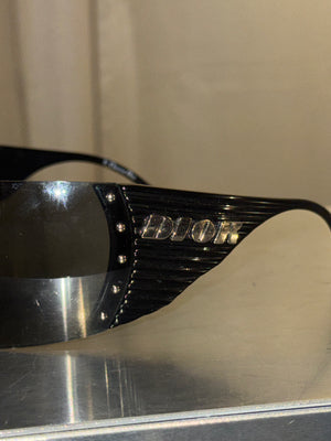Christian Dior by John Galliano Vintage Dior Bike 4 Black Rimless Shield Sunglasses Silver Studs Y2K Archive