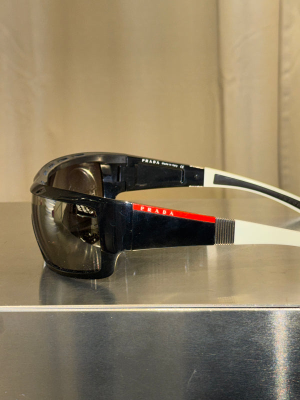 Prada Linea Rossa Vintage Black White Shield Wrap Sunglasses Y2K Archive