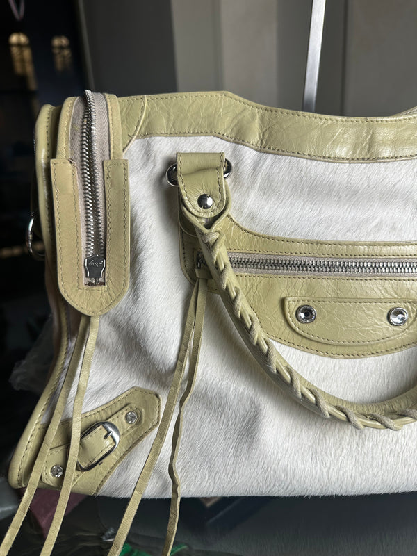 Balenciaga City Bag 2006 First Bag Swarovski Edition Ponyhair Cream Beige Shoulder Bag Limited Edition Bianco Motorcycle