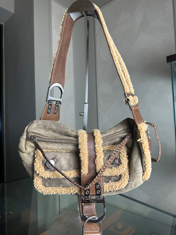 Christian Dior shearling Flight Columbus Shoulder Bag khaki green brown cream y2k 2005 John Galliano