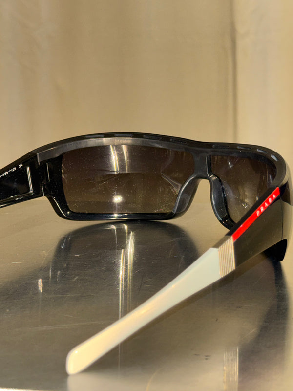Prada Linea Rossa Vintage Black White Shield Wrap Sunglasses Y2K Archive