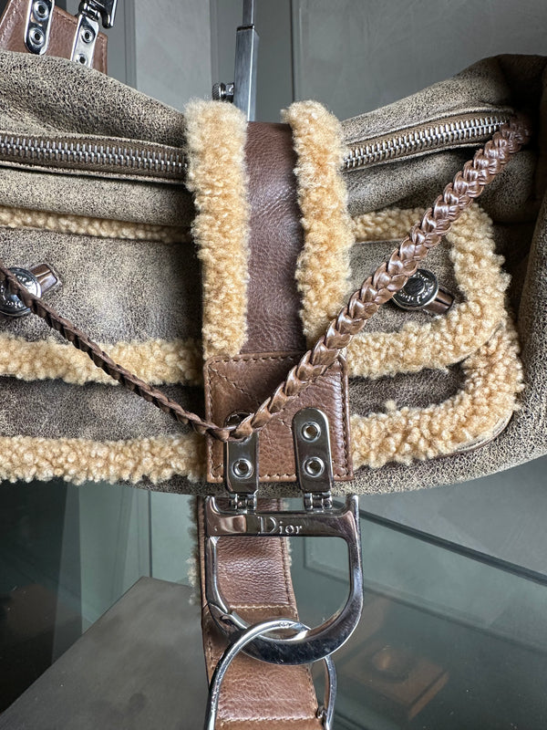 Christian Dior shearling Flight Columbus Shoulder Bag khaki green brown cream y2k 2005 John Galliano